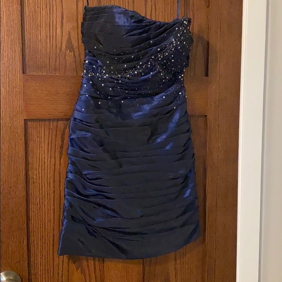 Strapless Navy Shimmery Homecoming Dress - Picture 3 of 6